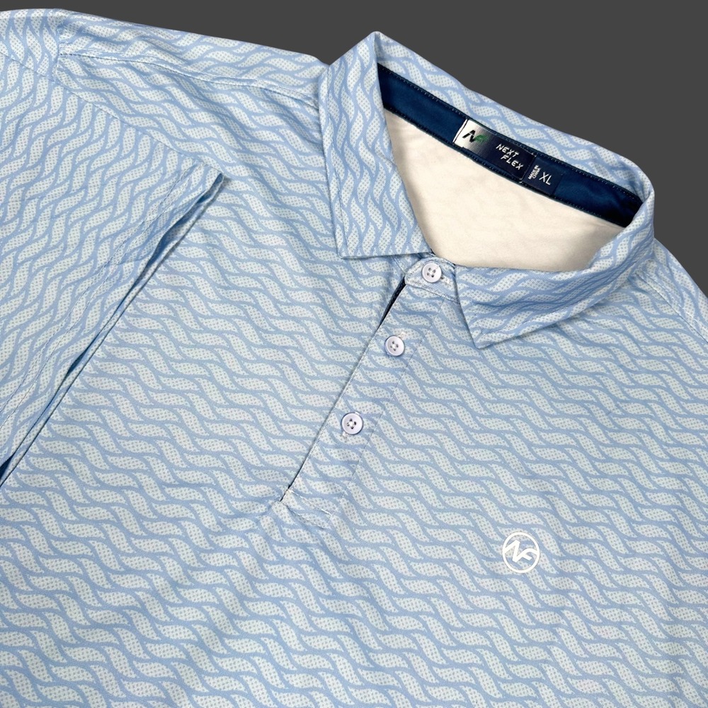 Next Flex Golf Polo Shirt Men XL Blue Geometric Short Sleeve Performance Stretch